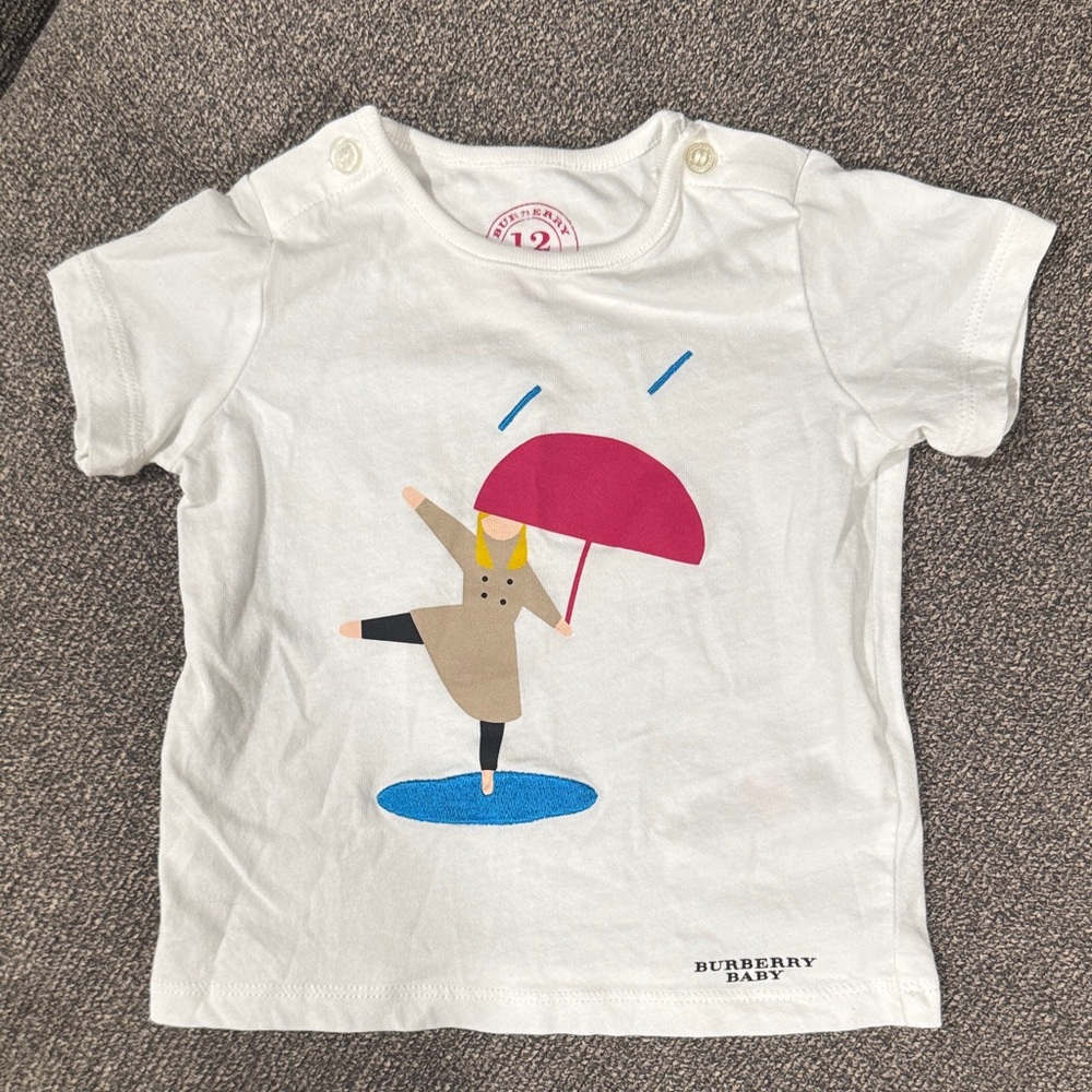 Burberry White Tee with Pink Umbrella and Blue Accents